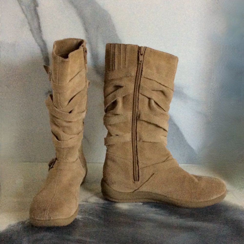 Beige Suede Side Zip Boots with Straps & Buckles - Picture 3 of 13
